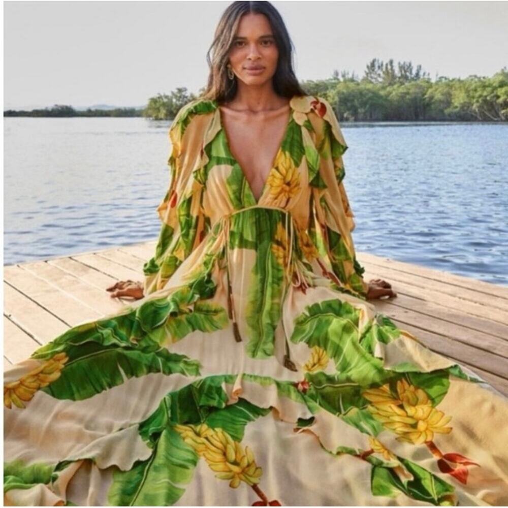 FARM Rio Women's Ruffled Banana-Print Maxi Dress Green/Beige Size XL NWT - Picture 2 of 14